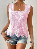 Women's elegant square neck lace cutout sleeveless top - breathable summer blouse solid color fashion vest european and american style