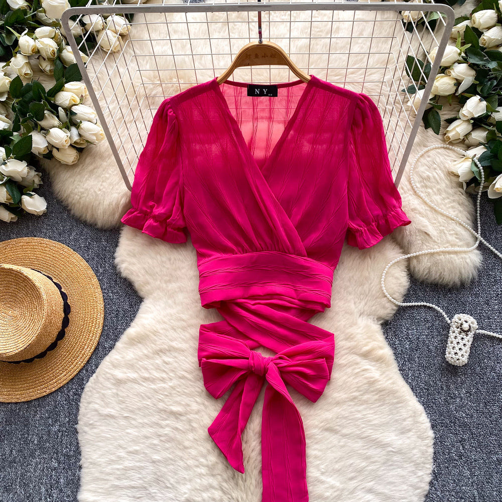 French work clothing style v neck strap elegantshirt women's summer short-sleeved waist design nichetops