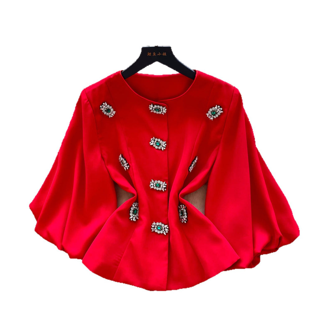 Xiaoxiangfeng celebrityclassy heavy industry diamond round neck lantern sleeve waist outwear women's autumfrencheasiest for matchtops