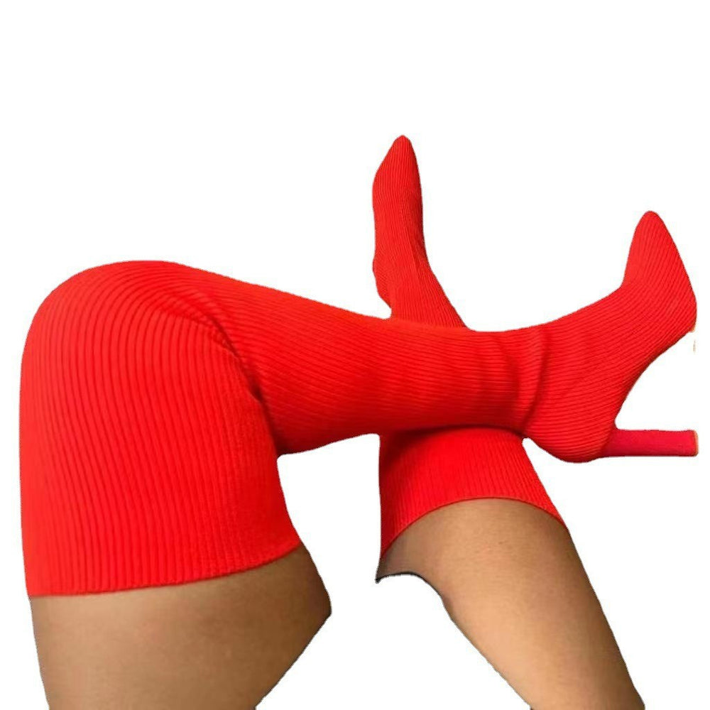 Sock boots women's  summer autumn new arrival elastic boots over the knee thick heel pointed toe slim boots knitting socks autumn winter