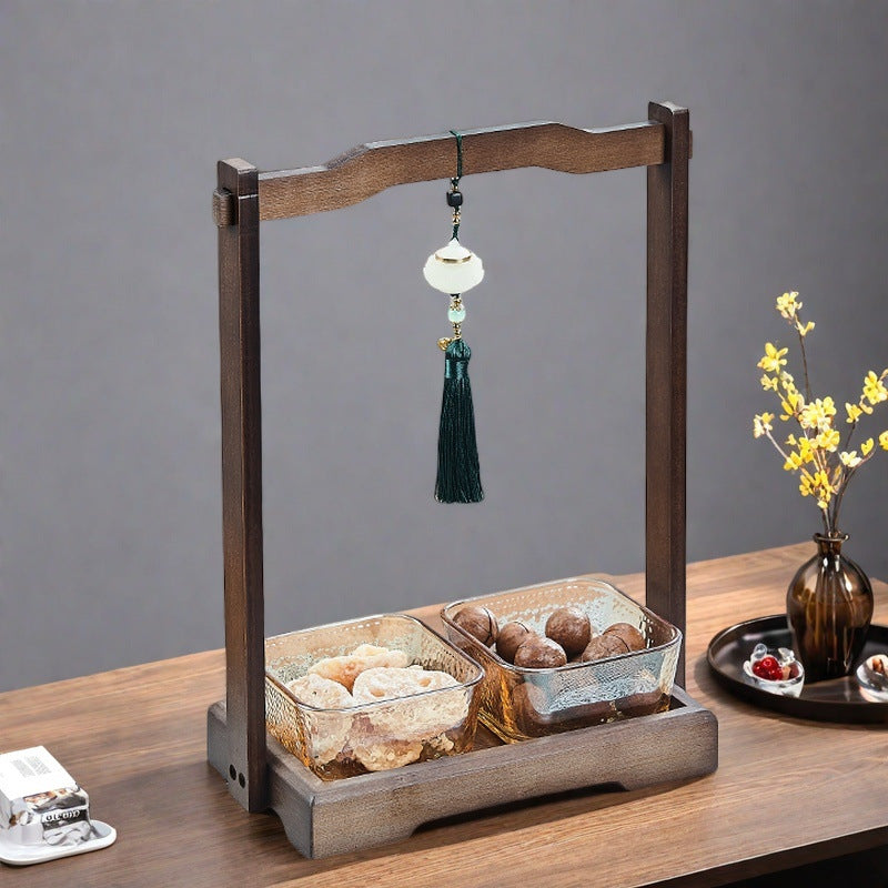 Luxury walnut wood-effect fruit & snack platter - home use, divided compartments, creative dried fruit dish, dessert glass bowl & fruit plate