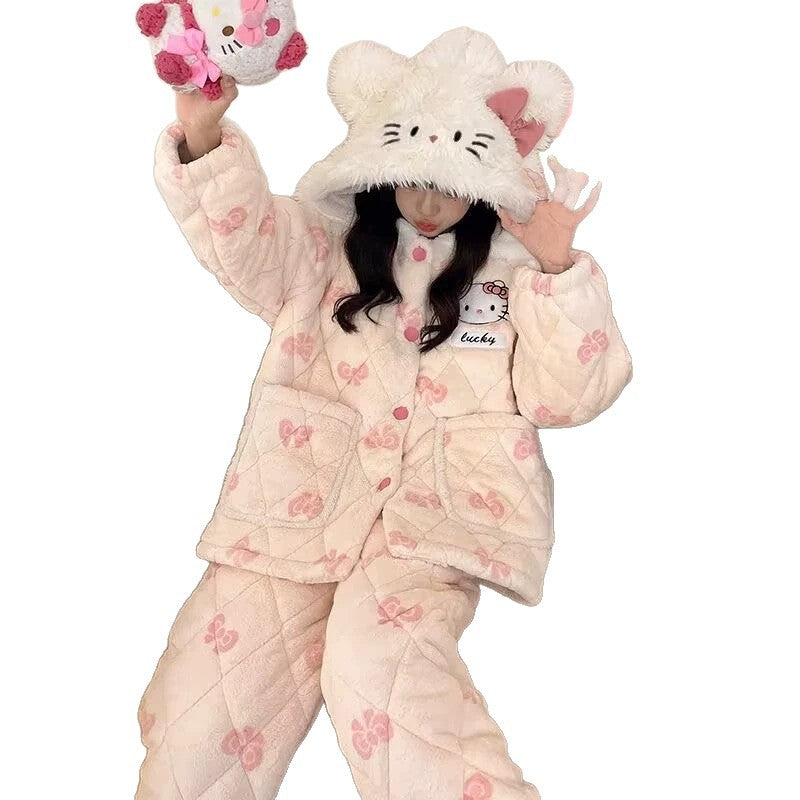 Women's pajamas autumn winter three-layer quilted jacket fleece-linedthickenedheattech coral fleece two-piece suit cute style home clothes