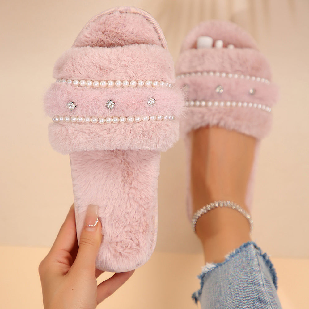 temu shein one-word plush big hit european and american fur rhinestone cotton slippers women's fur cotton slippers women