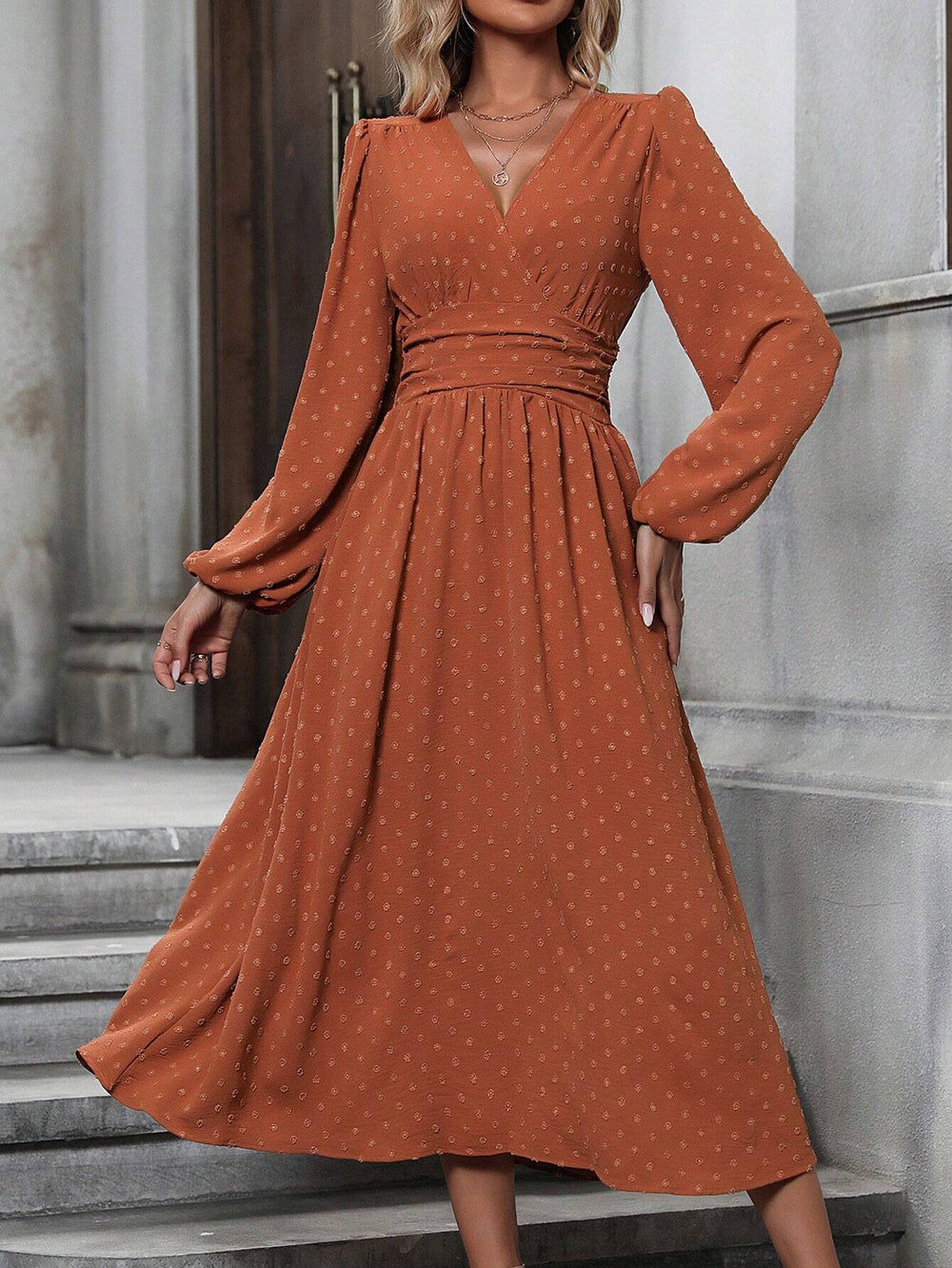 Fall and winternew arrival medium wool ball oblique collar lantern sleeve pleated waist dress