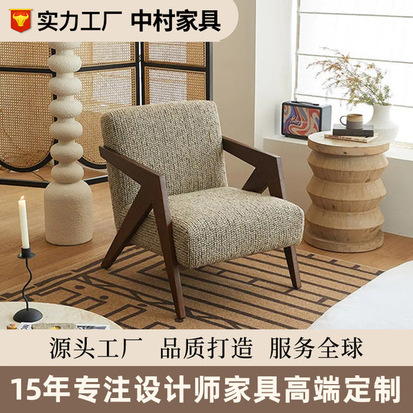 Wabi Sand Wind Single Sofa Chair Designer Nordic Retro Medieval Leisure Chair Homestay Cotton and Linen Solid Wood Chair