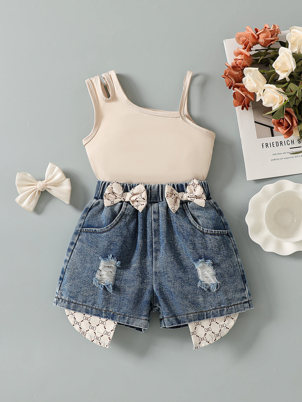 hot-selling girls' designer one-shoulder cami top + bowknot cropped shorts two-piece set