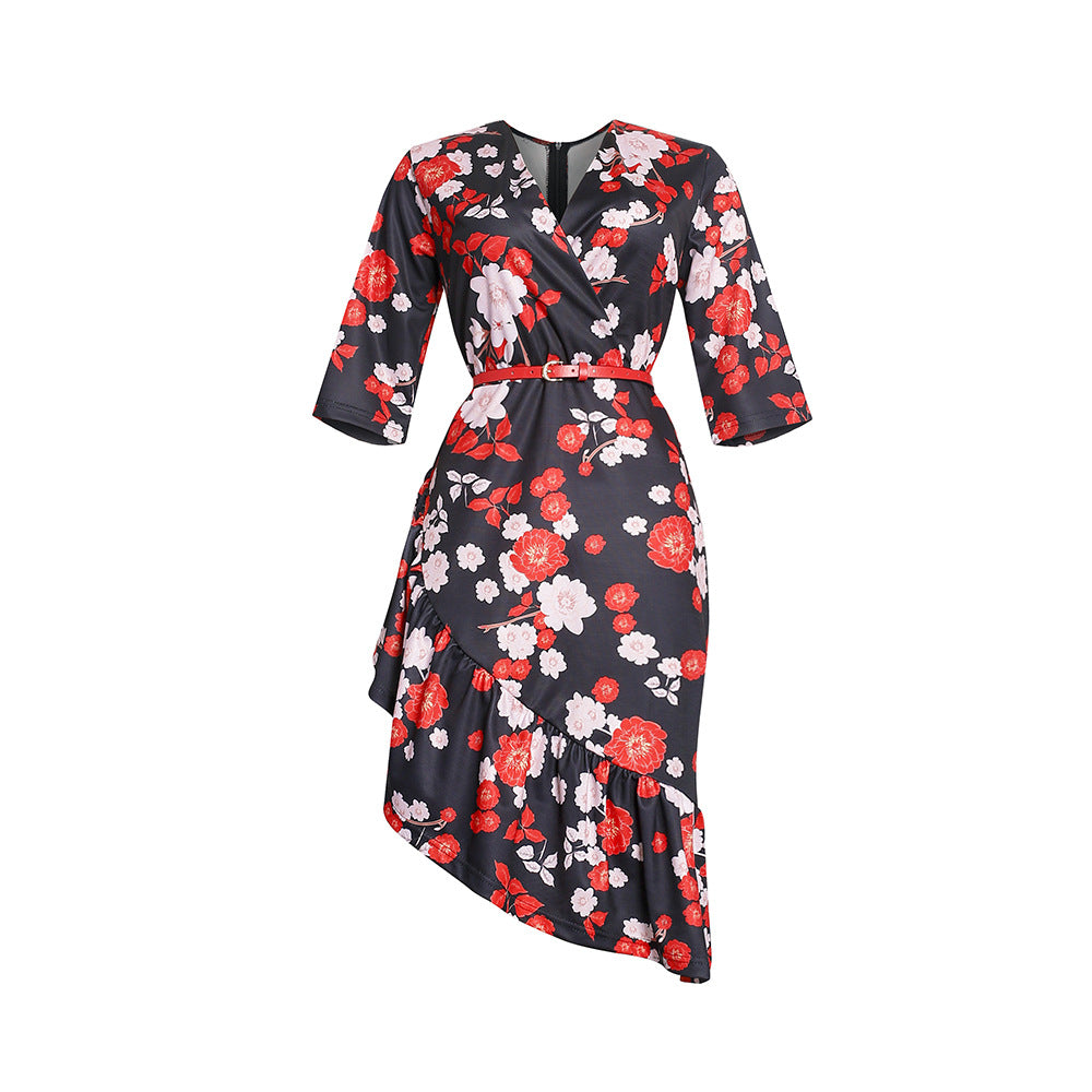 European and american african women's summer plus size clothing  v-neck private label socialite print irregular dress