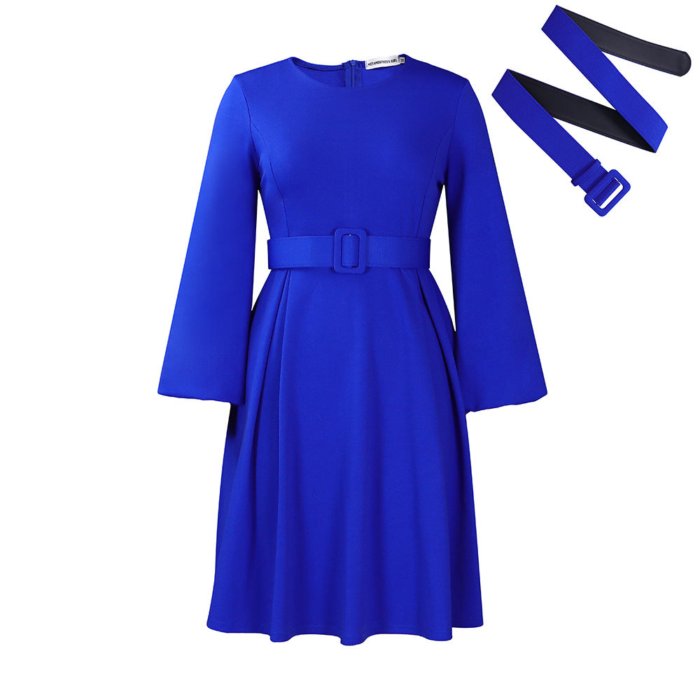 D418 women's foreign trade dress,  autumn/winter new collection, fashionable round neck, long sleeve, high waist, large skirt, solid color african dress