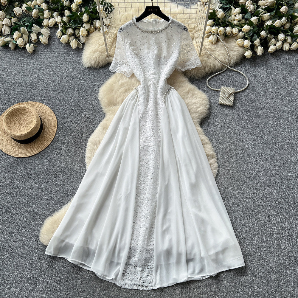 French style lace embroidery a-line dress - women's summer short sleeve high waist slimming elegant maxi dress