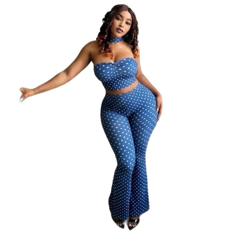 Fashionexportniche stylestylish women's polka dot sexy pants suit chest wrap silm wide leg backless yoga two-piece set