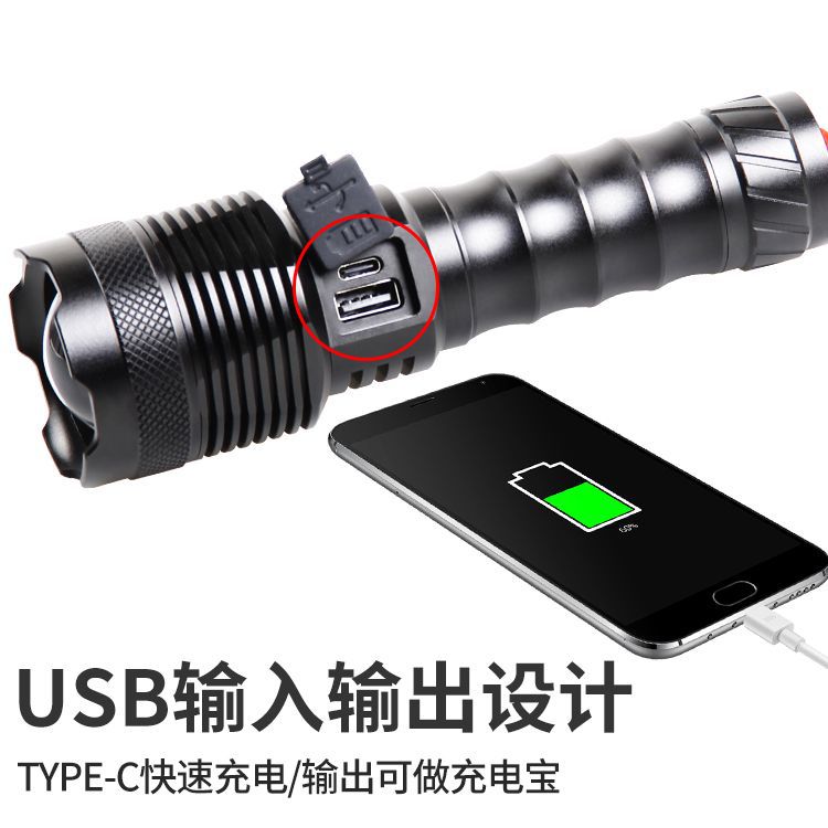 Cross-border new white laser Type-cx strong light USB charging, with tail hammer power display output LED flashlight