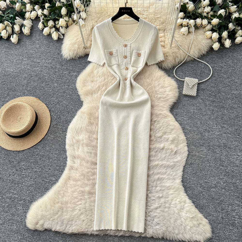 Light mature style white a-line short-sleeved dress for women summerk-style high waist waist work clothingfrench gentle style long skirt