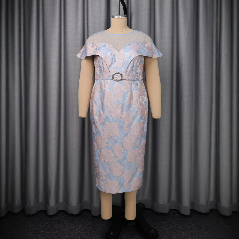 New arrivalfashion silmdress elegance jacquard ruffle sleeves patchwork mesh hot diamond waist bag hip skirt dress