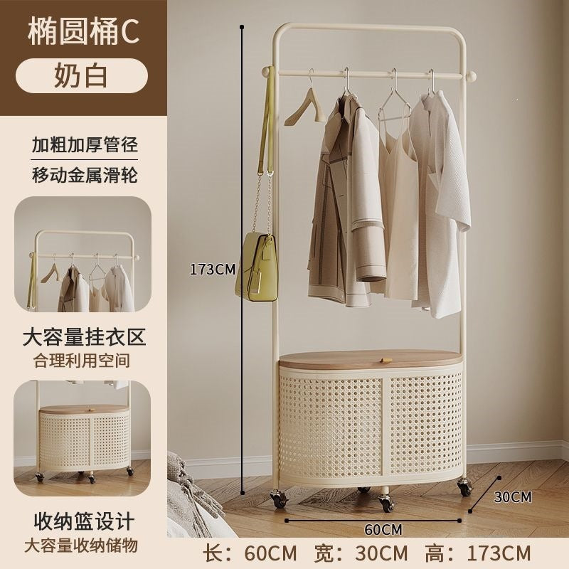 Bedroom floor-standing secondary net clothes hanger, small clothes hanger with dirty clothes basket, movable coat rack, round frame black