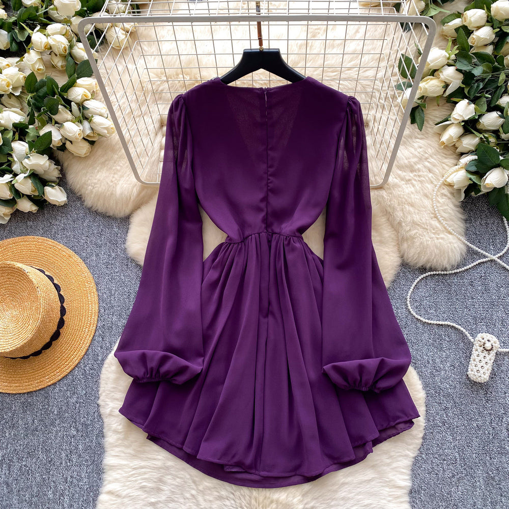 K-style heavy industry beading sexy pure desire dress women's summer purple v neck waist slimming lookelegant long skirt work clothing