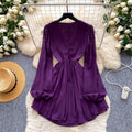 K-style heavy industry beading sexy pure desire dress women's summer purple v neck waist slimming lookelegant long skirt work clothing