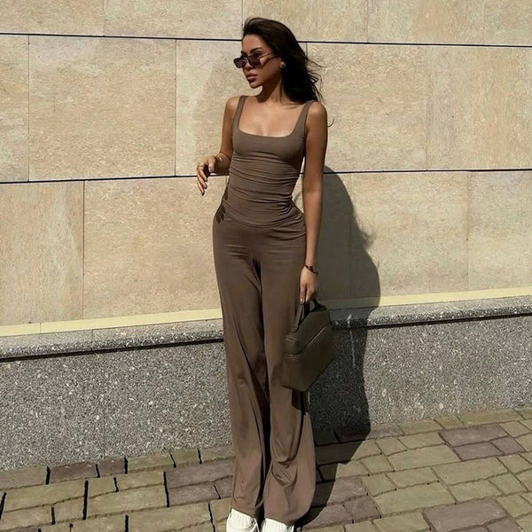women's clothing summer new solid color casual suit square neck vest + wide-leg pants sports two-piece set
