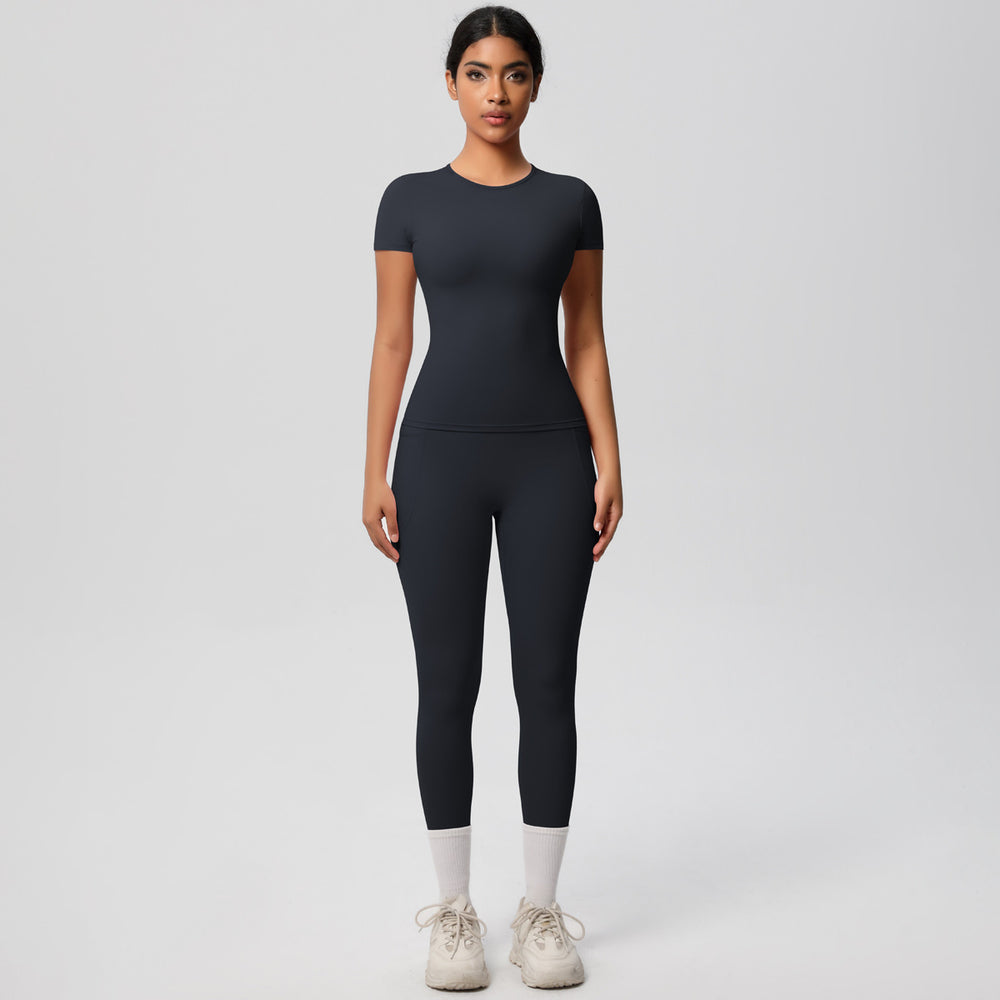 European and american solid color nude feel brushed short-sleeve yoga top and high-waisted butt-lifting fitness leggings quick-dry running workout set
