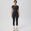 European and american solid color nude feel brushed short-sleeve yoga top and high-waisted butt-lifting fitness leggings quick-dry running workout set