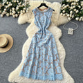 Elegant women's dress  summer french chic luxury handcrafted rhinestone embellished round neck sleeveless cinched waist lace maxi dress