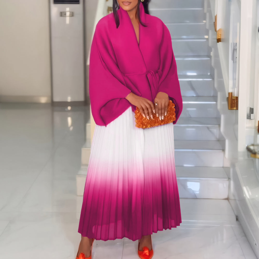 C8610 african plus size women's spring new fashion tie-up batwing sleeve top and gradient color midi skirt two-piece set
