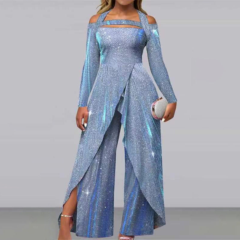 new arrival: cross-border fashionable & sexy sequin maxi dress jumpsuit - european & american style, asymmetrical front, mid-waist, chic & professional
