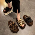 Leopard print platform slippers with faux fur trim - women's outdoor wear, new autumn/winter 2024 fashion, fluffy cotton house slippers