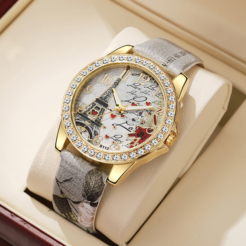 fashion snake print belt printing women's watch eiffel tower digital diamond-encrusted british watch student watch