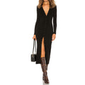 cross-border women's knitted long-sleeve single-breasted dress v-neck slim-fit maxi dress