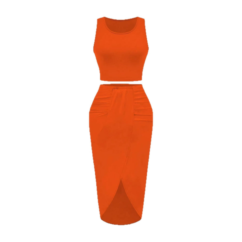 Amazon fashion cross-border women's sleeveless short tops + slit skirt two-piece suit