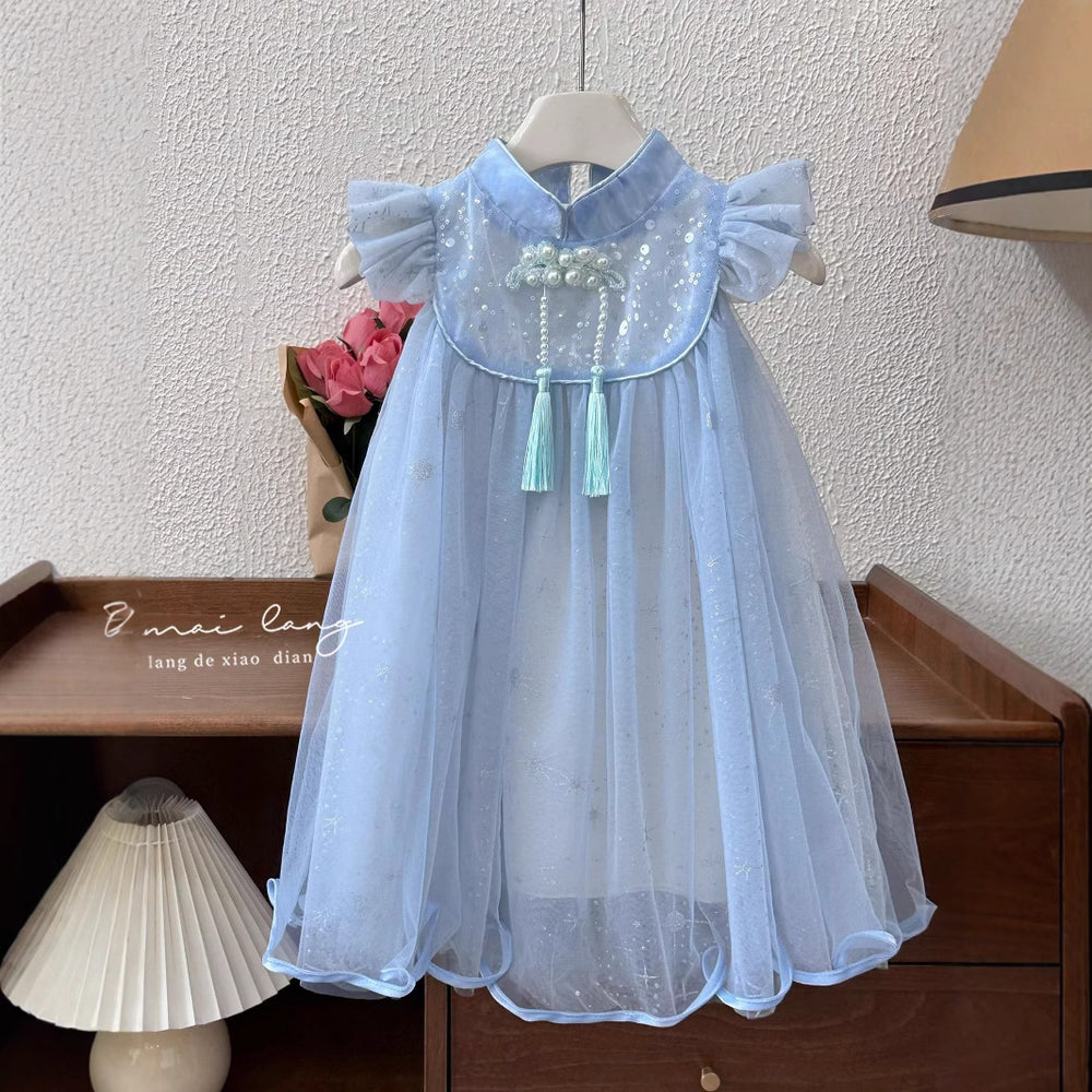Girls' dress  summer new chinese style cheongsam with frog closures, tassel mesh skirt, and flutter sleeves