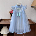 Girls' dress  summer new chinese style cheongsam with frog closures, tassel mesh skirt, and flutter sleeves