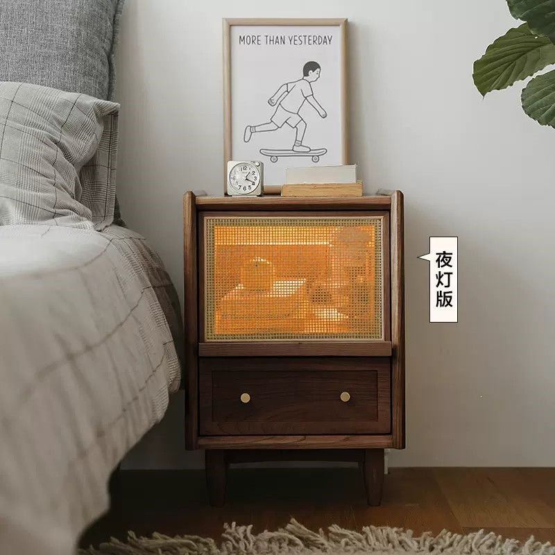 Japanese solid wood bedside table rattan bedroom wabi-sabi storage cabinet casual night light drawer medieval storage sofa side cabinet