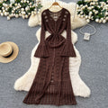 Classy sense cut out crochet bell long sleeves knittingdress female heart v neck single breasted cardigan waist long skirt