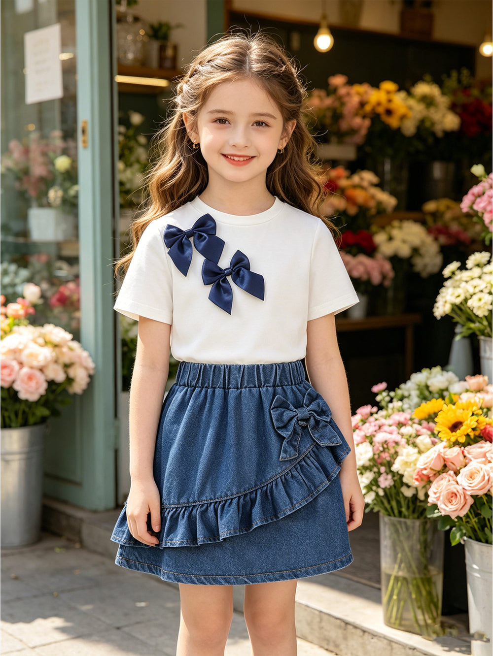 new cross-border girls' round neck knitted top with heavily washed denim bowknot jeans two-piece set