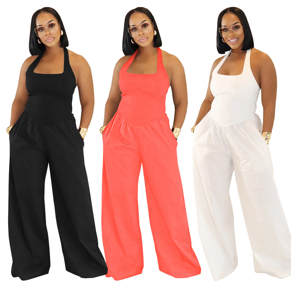 C7390 cross-border   fashion women's casual loose backless halter solid color jumpsuit