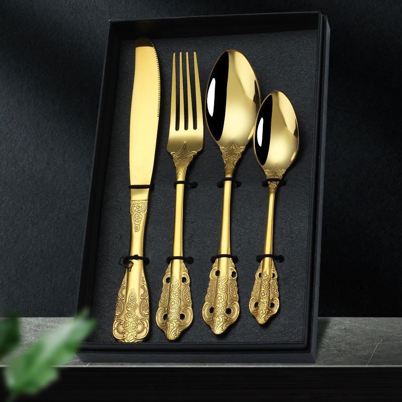 Island Qi stainless steel knife and fork spoon court retro relief steak knife and fork creative western tableware gift box four-piece set