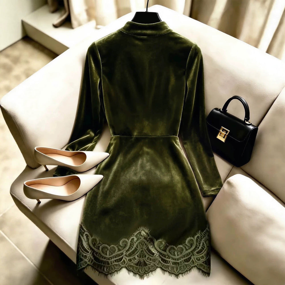 European and american women's velvet mini dress - mock neck, long sleeve, slim fit, ruched panel, lace trim, sexy dress - wholesale