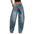 Fashionjeans women's diagonal placket deconstructed patchwork wide-leg pants exportniche stylesense of designloose denim women's pants