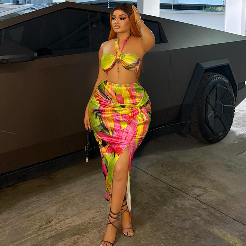 European and american style cross-border printed women's vacation beach casual dress set - bandeau halter sleeveless bodycon maxi two-piece outfit