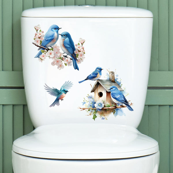 Cross-border wholesale toilet toilet lid blue bird sticker removable plant flower house bathroom toilet sticker
