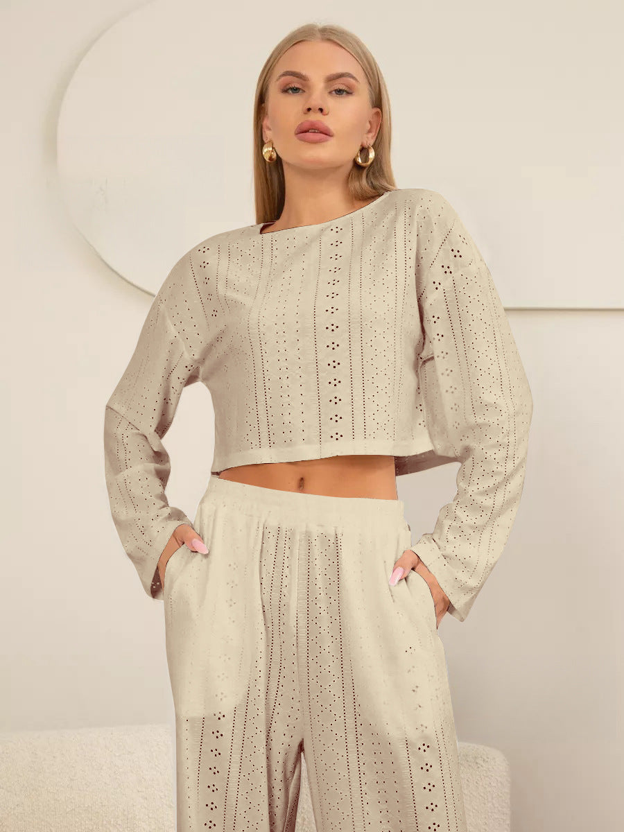 Cross-border 2024 spring and summer European and American women's suits are fashionable, simple, slim, loose pullover, long sleeves and trousers, home furnishing