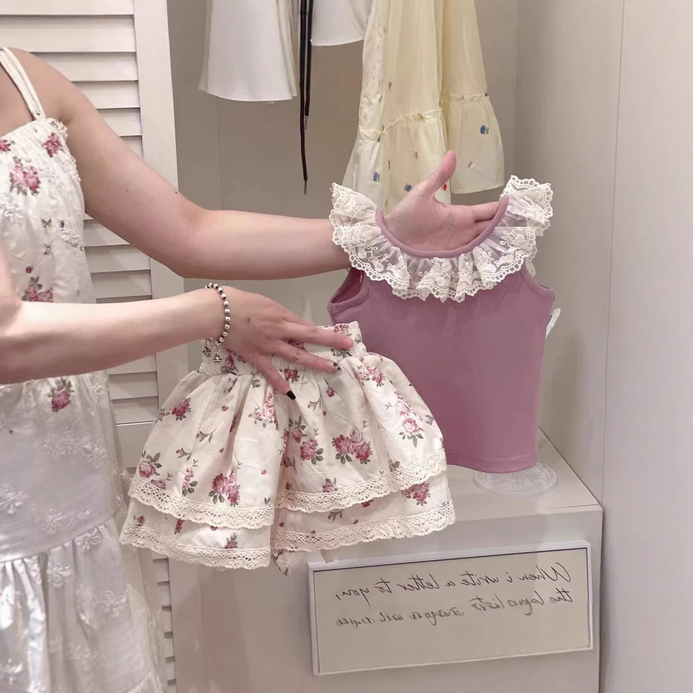 Girls' floral outfit set - new  summer collection: baby girl lace trim tank top and skirt two-piece set, sweet korean style