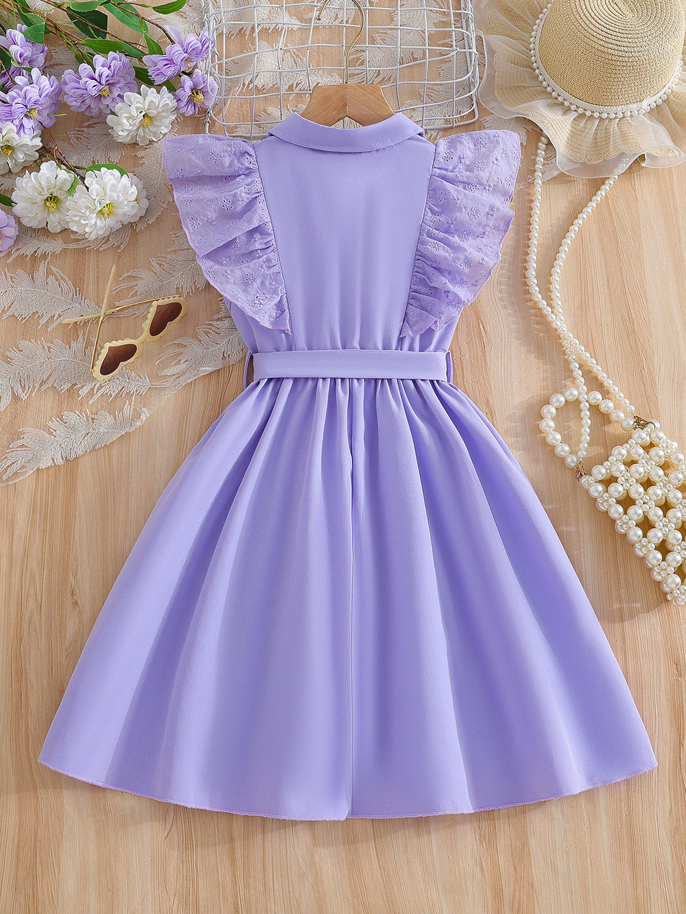 girls' summer dress - purple flutter sleeve ruffle trim bow belt kids' cute tank top a-line dress