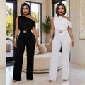 C7718 cross-border   fashion women's elegant one-shoulder belted solid color jumpsuit