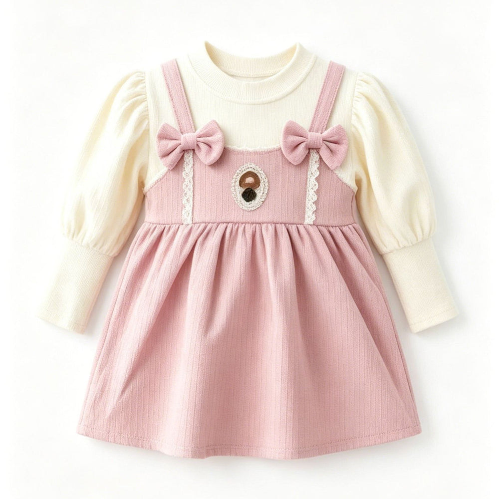 Girlbows suspender dressfake two-piecespring & fall puff sleeve bottom baby gentle bear princess dress
