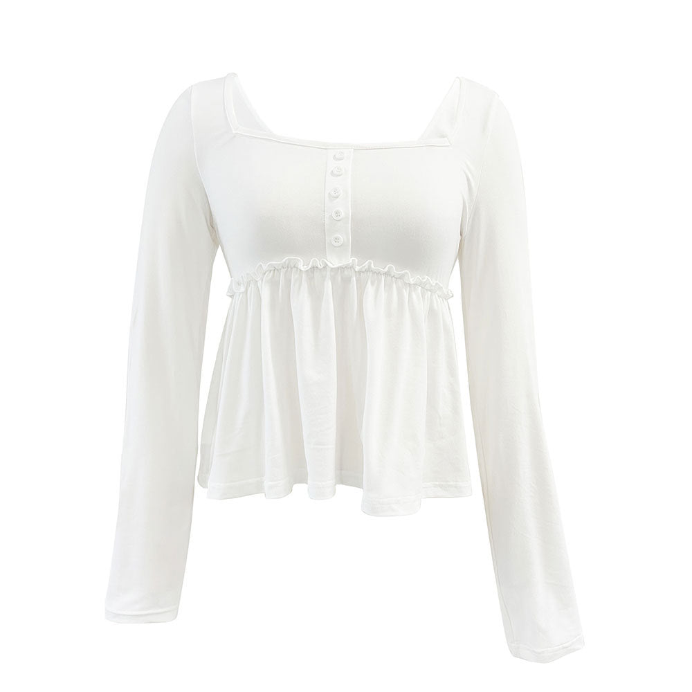 European and American  women's clothing is simple, elegant and versatile square collar T-shirt, autumn and winter waist long-sleeved pullover