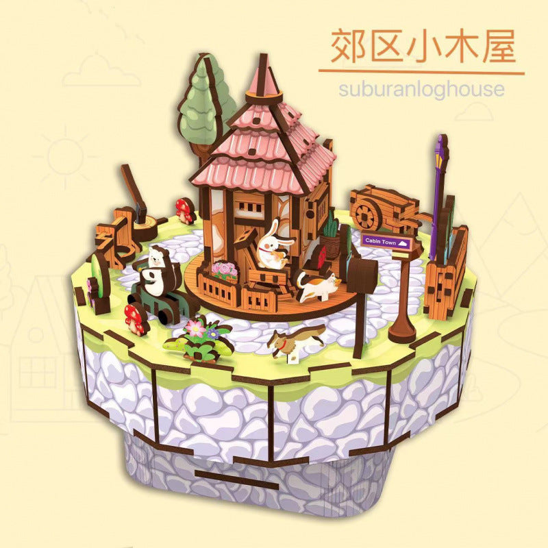 Cross-border export wooden splicing linkage scene educational toy fun smooth wood boy girl wooden music box