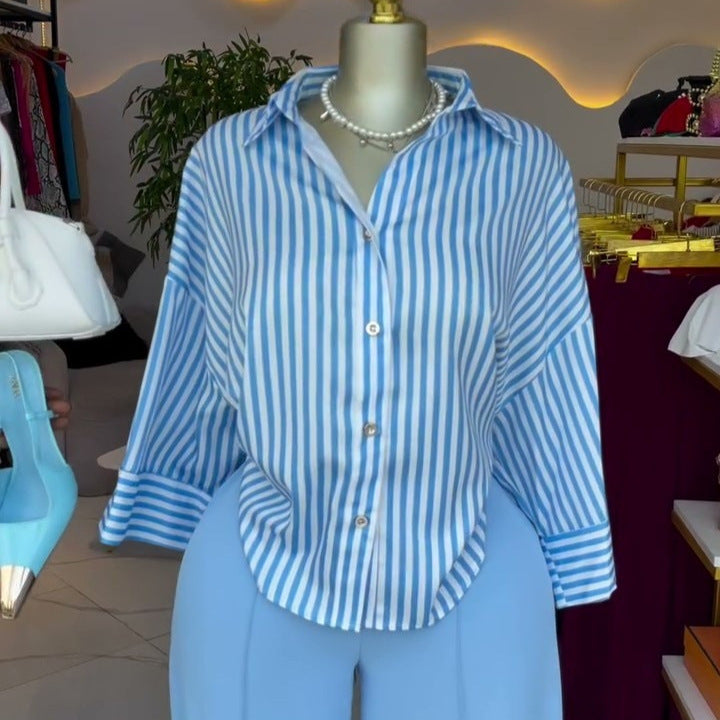 European and american cross-border women's clothing  summer new arrival: elegant casual striped loose-fit shirt and wide-leg pants fashion set