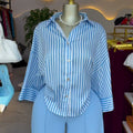 European and american cross-border women's clothing  summer new arrival: elegant casual striped loose-fit shirt and wide-leg pants fashion set